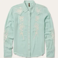 Best Stetson Aqua Rayon Crepe Western Blouse Blue
