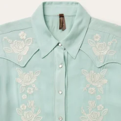 Best Stetson Aqua Rayon Crepe Western Blouse Blue