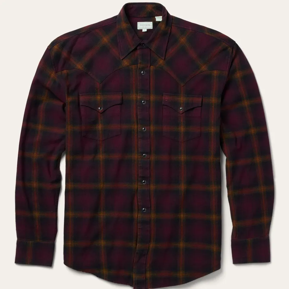 New Stetson Black Plaid Flannel Western Shirt Wine