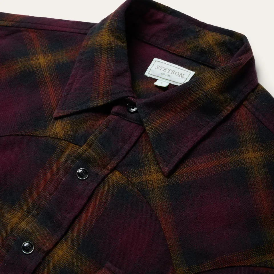 New Stetson Black Plaid Flannel Western Shirt Wine