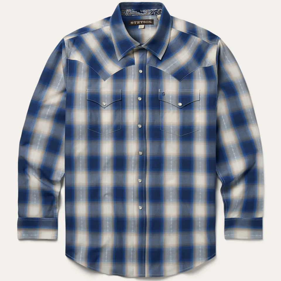 Hot Stetson Ombre Plaid Western Shirt Blue
