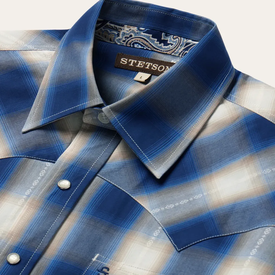 Hot Stetson Ombre Plaid Western Shirt Blue