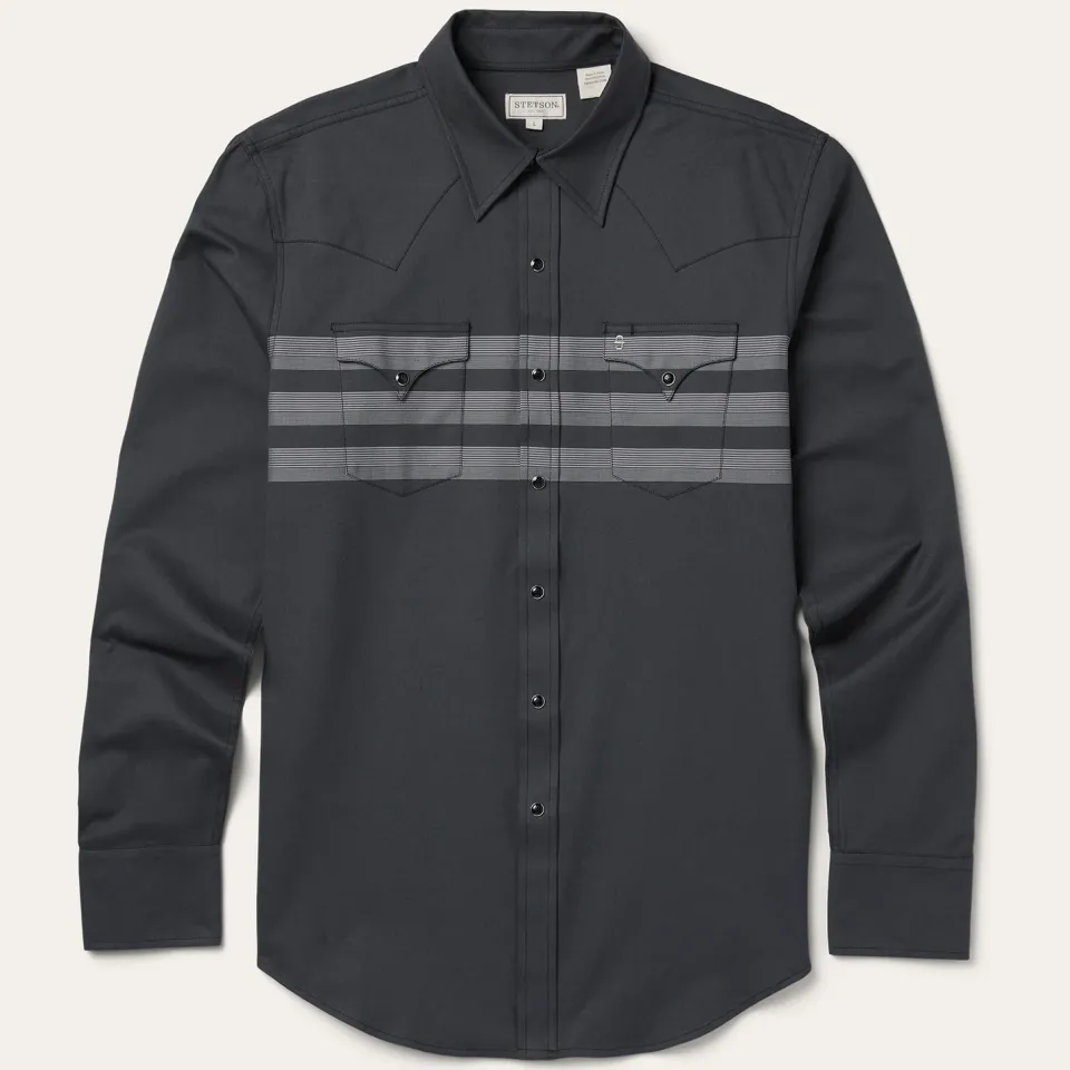 Hot Stetson Border Stripe Twill Western Shirt Black