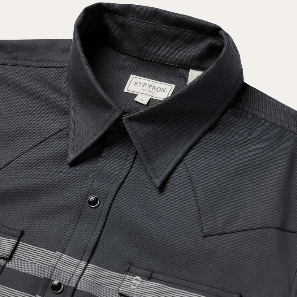 Hot Stetson Border Stripe Twill Western Shirt Black