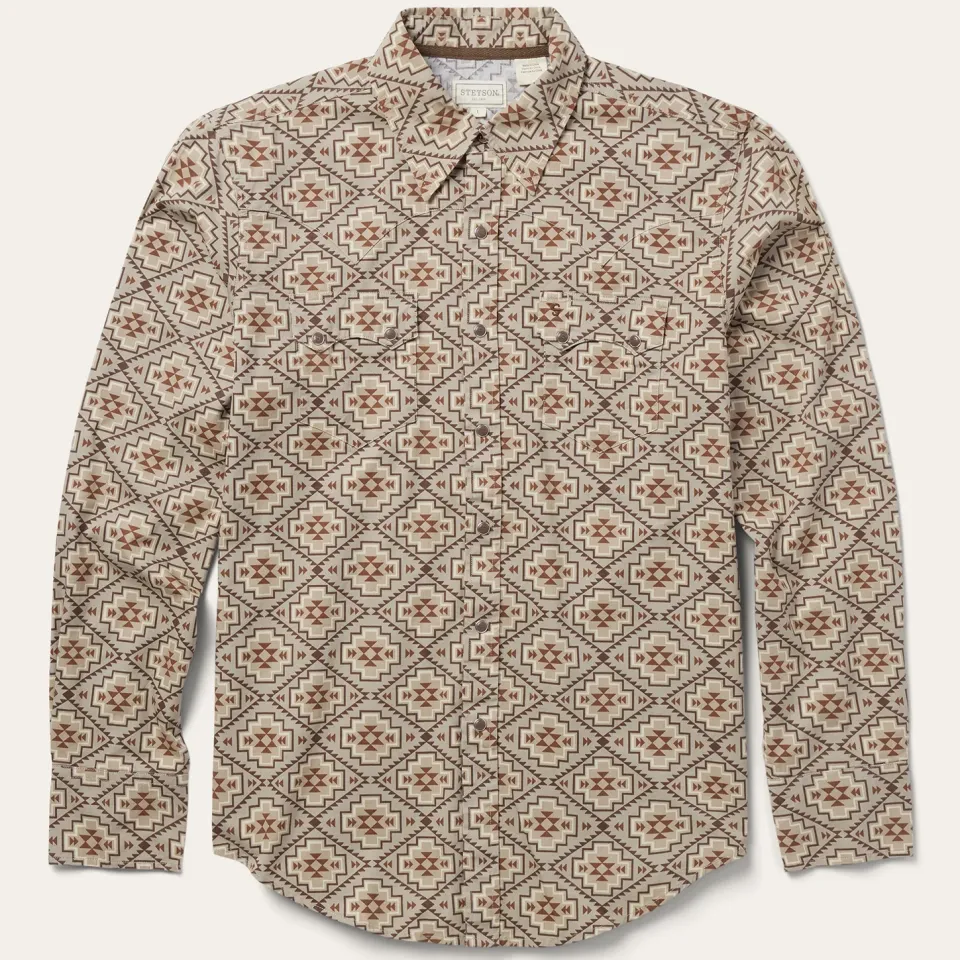 Clearance Stetson Aztec Poplin Western Shirt Brown