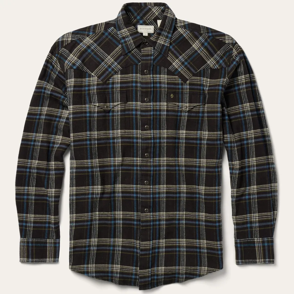 Hot Stetson Plaid Flannel Western Shirt Brown