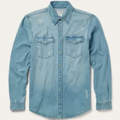 Stetson Distressed Denim Western Shirt Blue