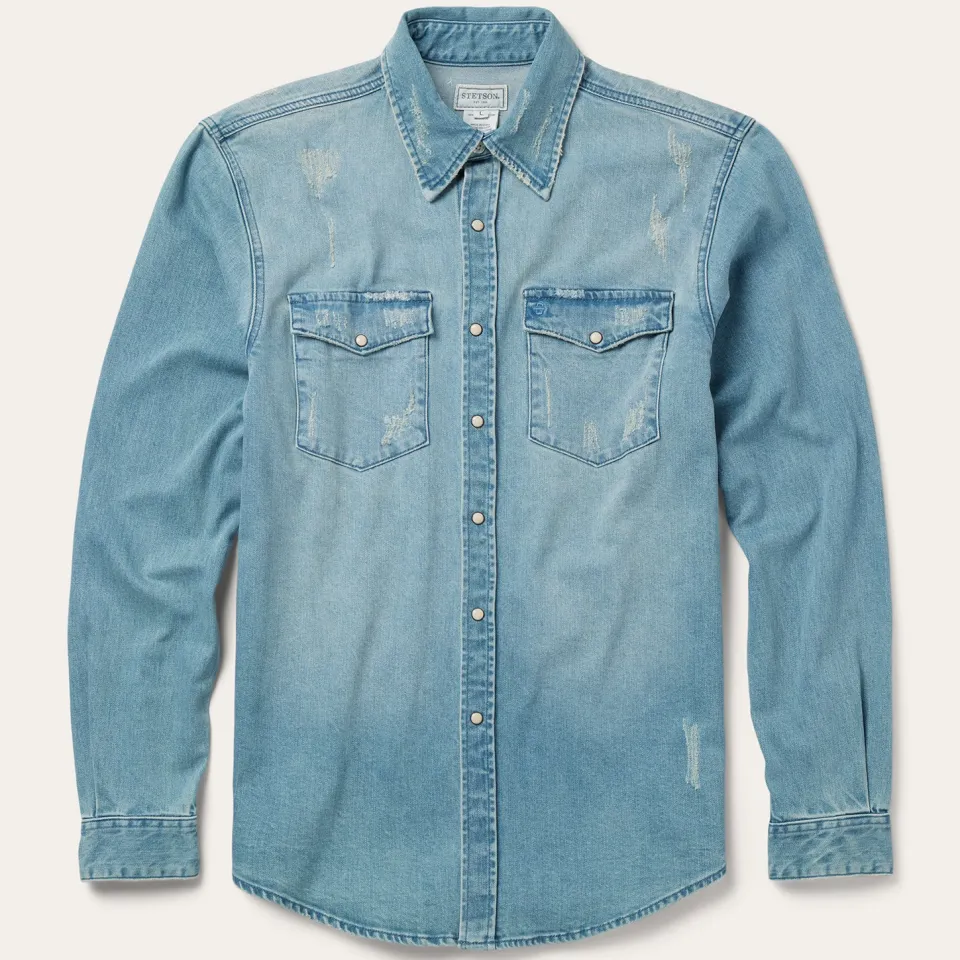 Stetson Distressed Denim Western Shirt Blue