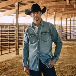 Stetson Distressed Denim Western Shirt Blue