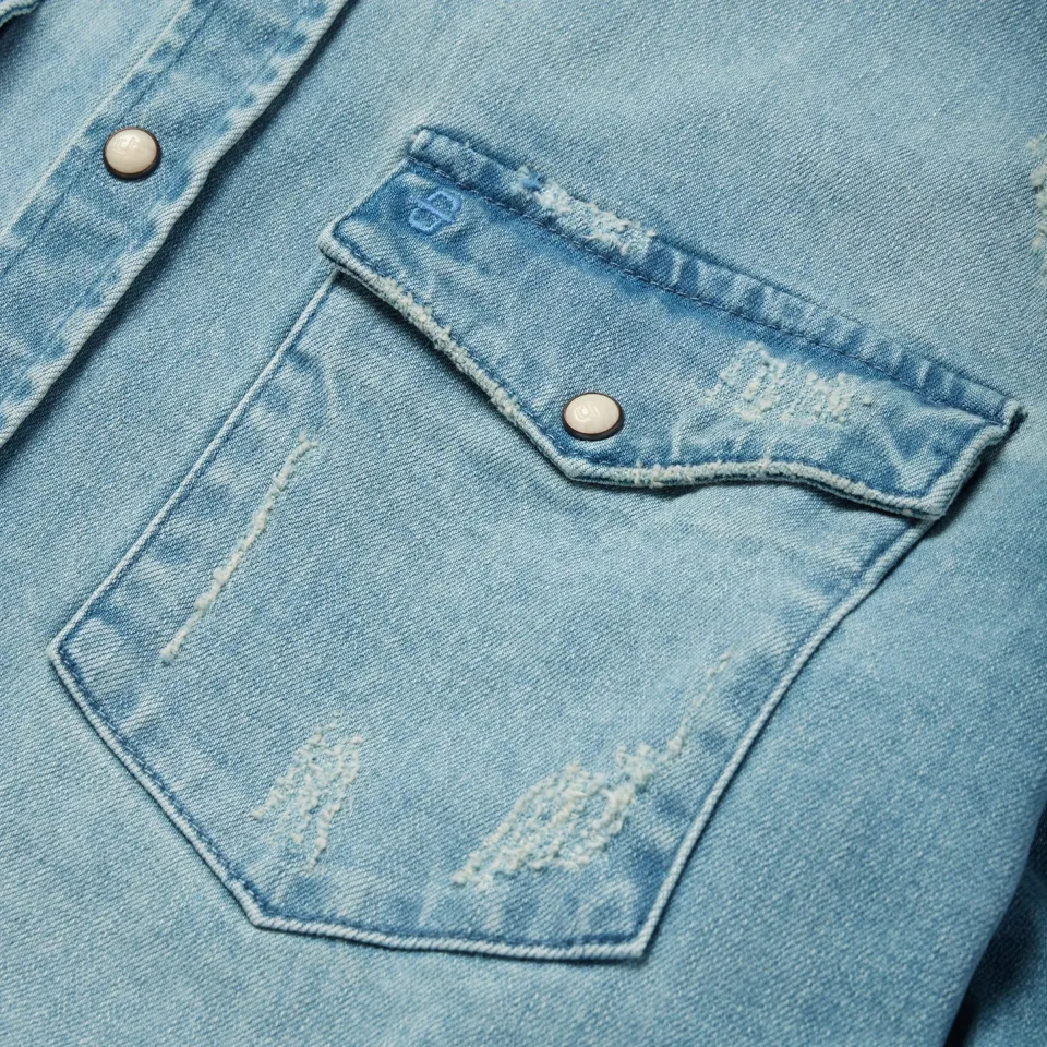 Stetson Distressed Denim Western Shirt Blue