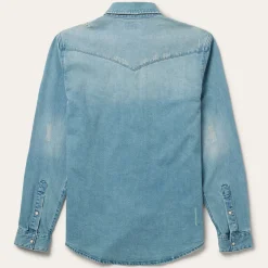Discount Stetson Distressed Denim Western Shirt Blue