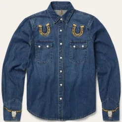 Stetson Embroidered Dark Denim Western Shirt Blue