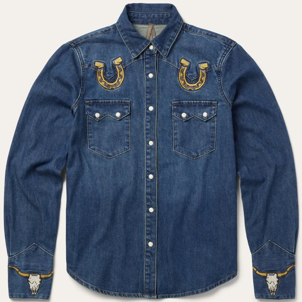 Stetson Embroidered Dark Denim Western Shirt Blue
