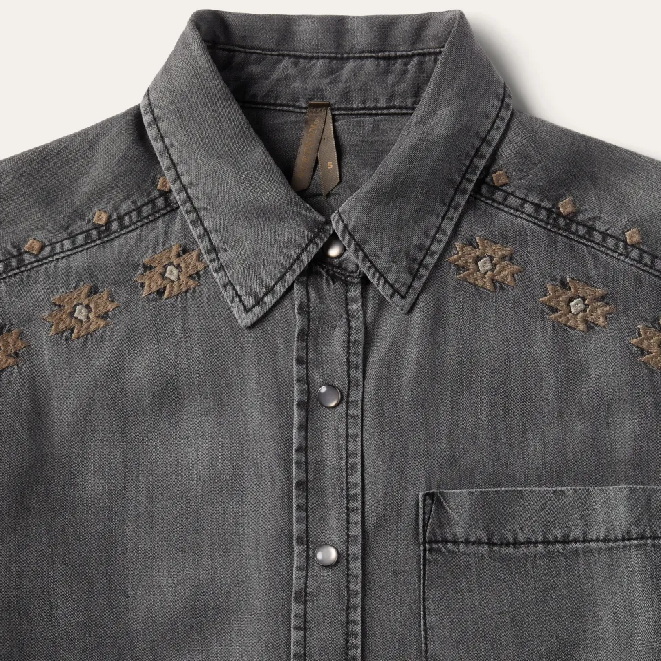 New Stetson Embroidered Snap Front Shirt Dress Black