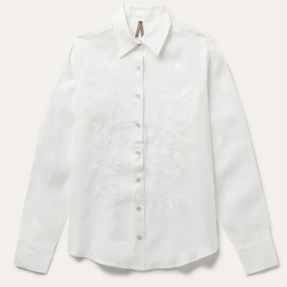 Best Stetson Embroidered Tonal Stripe Linen Blouse White