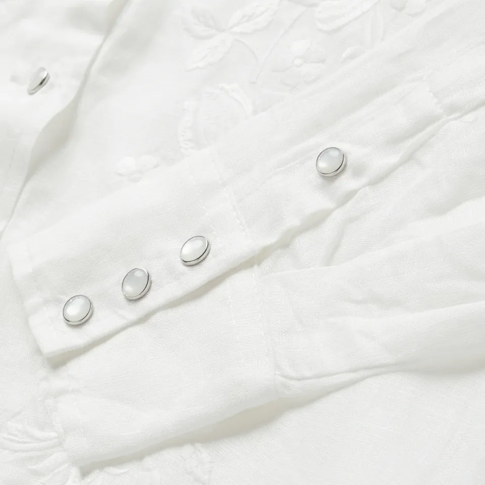 Best Stetson Embroidered Tonal Stripe Linen Blouse White
