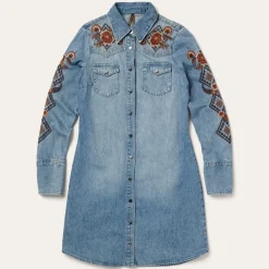 Discount Stetson Floral Embroidered Denim Shirt Dress Blue