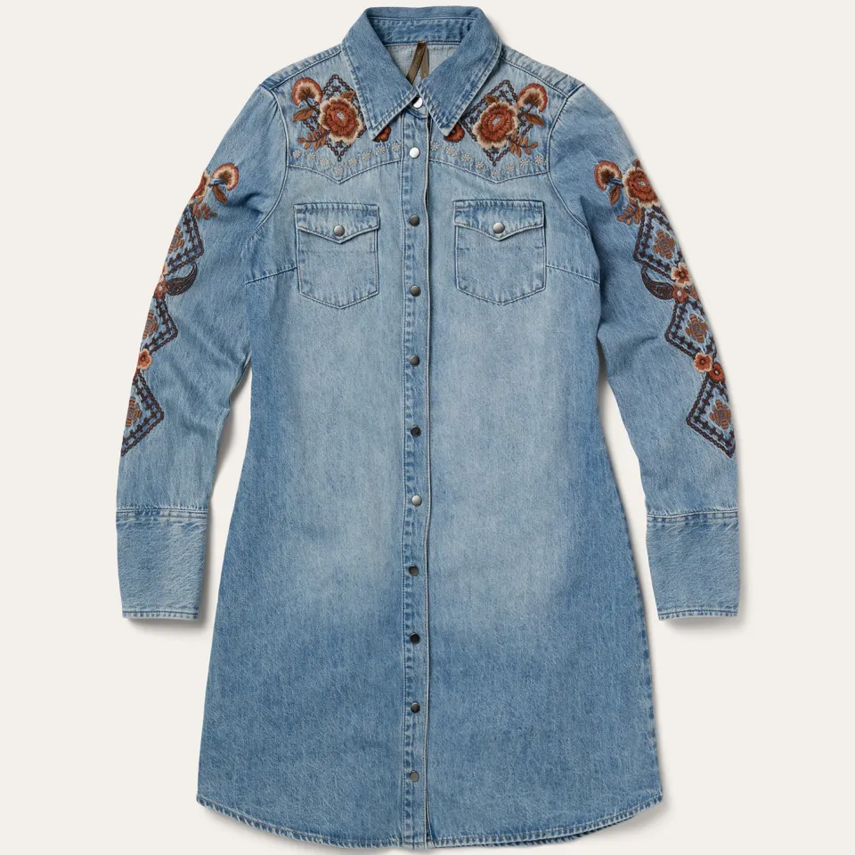 Discount Stetson Floral Embroidered Denim Shirt Dress Blue