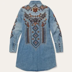 Discount Stetson Floral Embroidered Denim Shirt Dress Blue