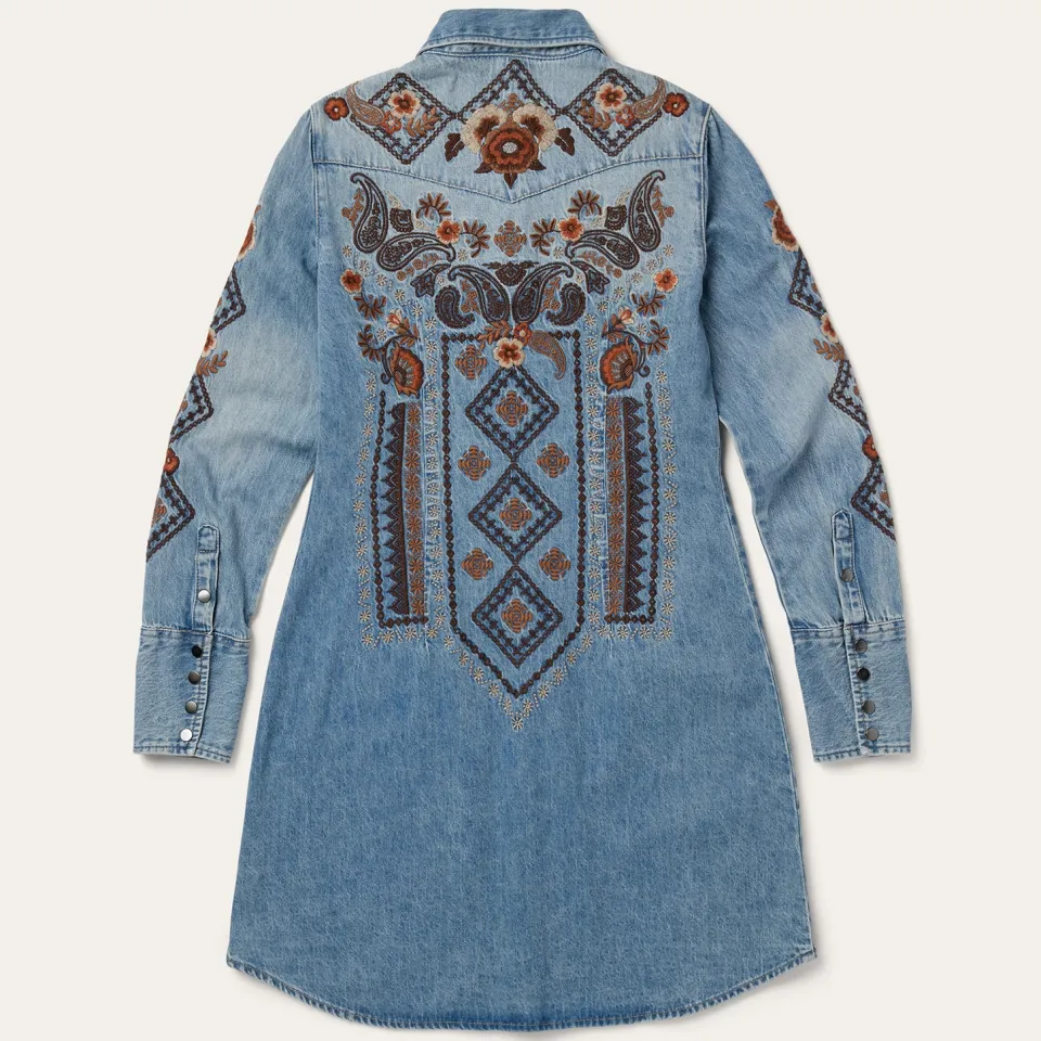 Discount Stetson Floral Embroidered Denim Shirt Dress Blue