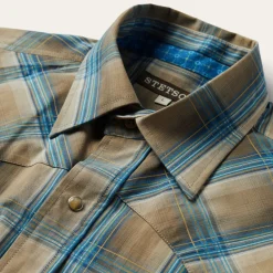 Hot Stetson Khaki Ombre Plaid Shirt Brown
