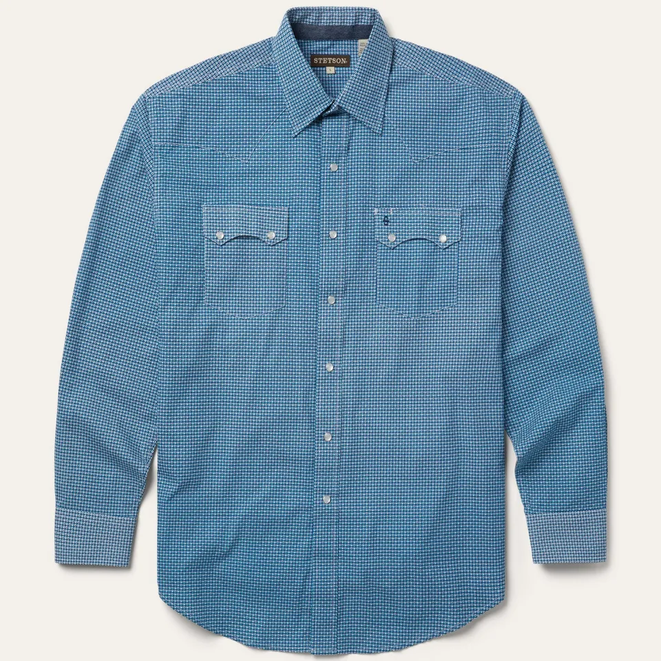 Clearance Stetson Micro Print Western Shirt Blue
