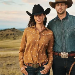 Discount Stetson Mojave Longhorn Print Snap Western Shirt Brown
