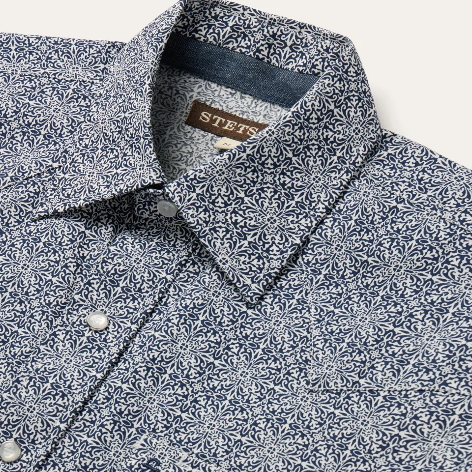 Clearance Stetson Navy Print Short Sleeve Western Shirt Blue
