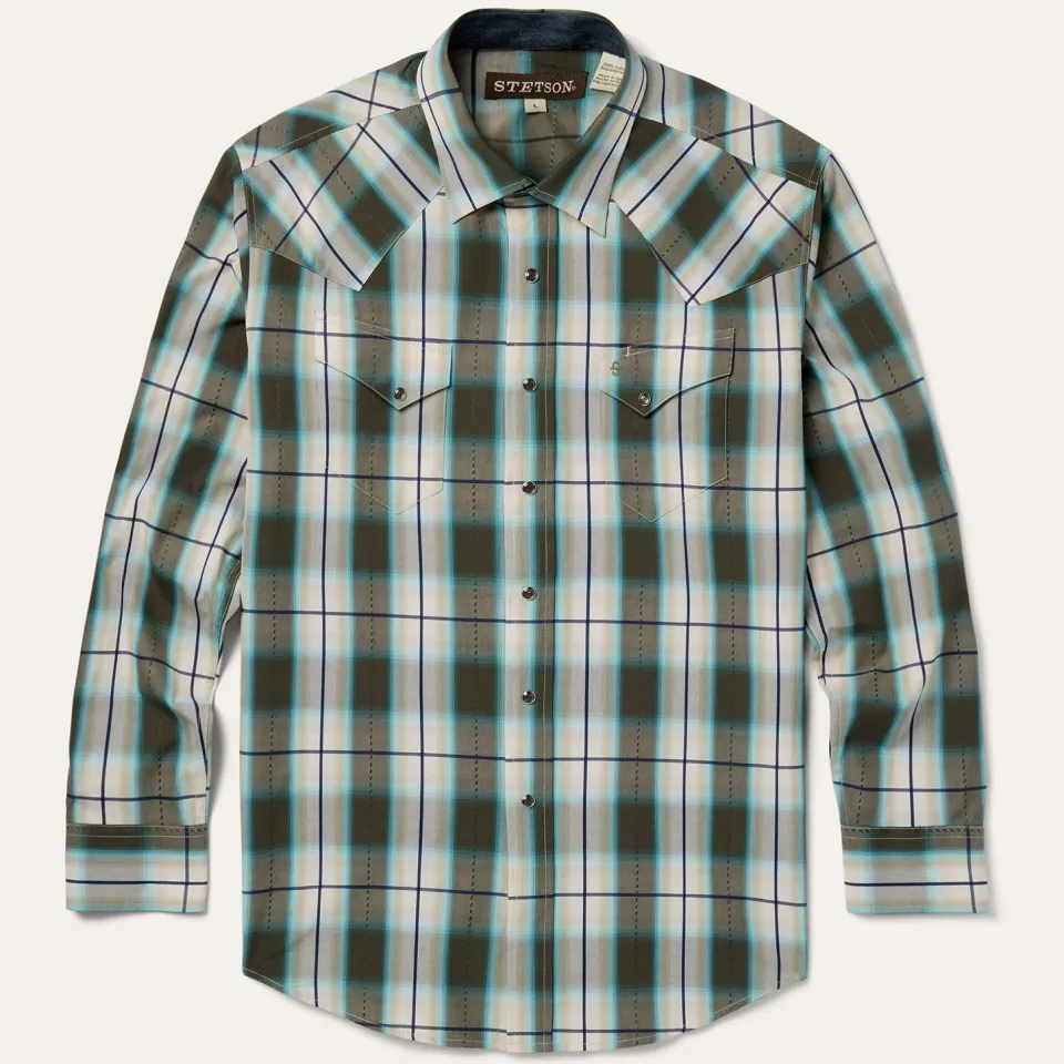 New Stetson Olive Ombre Plaid Western Shirt Green