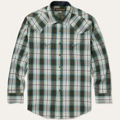 Best Stetson Olive Ombre Plaid Western Shirt Green