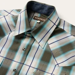 Best Stetson Olive Ombre Plaid Western Shirt Green