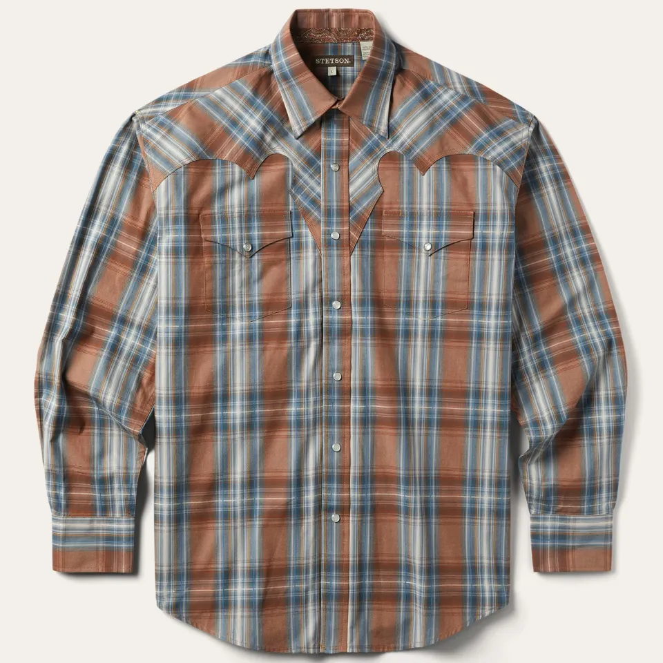 Best Stetson Rustic Plaid Western Shirt Brown