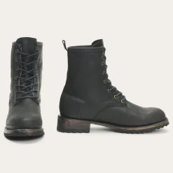 Stetson Sam Lace Up Leather Lug Boots Black