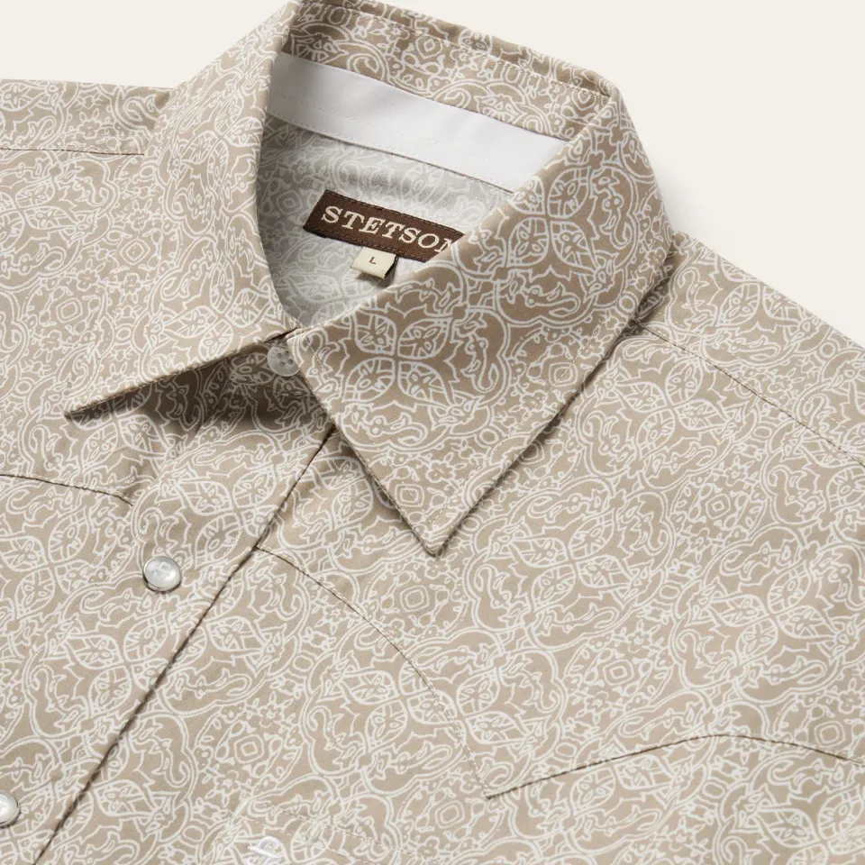 Best Stetson Sand Medallion Print Western Shirt Brown