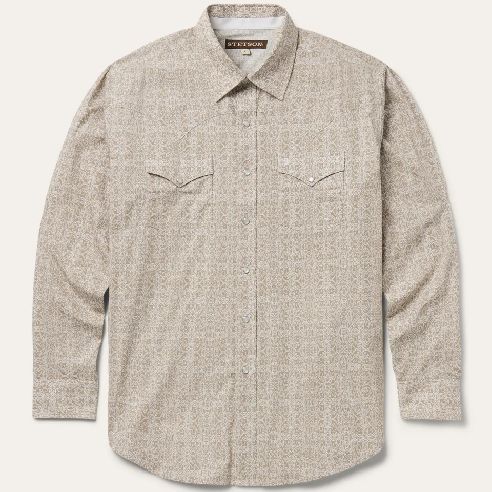 New Stetson Sand Medallion Print Western Shirt Brown