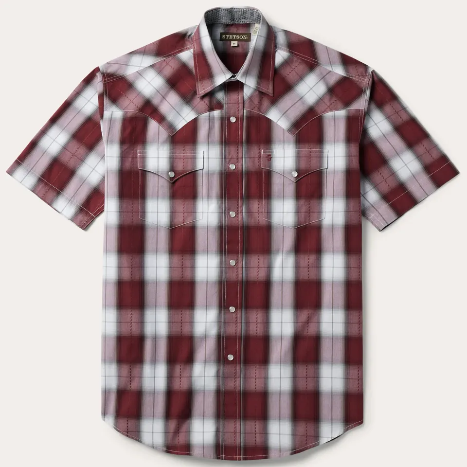 New Stetson Shadow Plaid Short Sleeve Western Shirt Wine