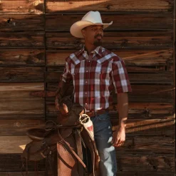 New Stetson Shadow Plaid Short Sleeve Western Shirt Wine