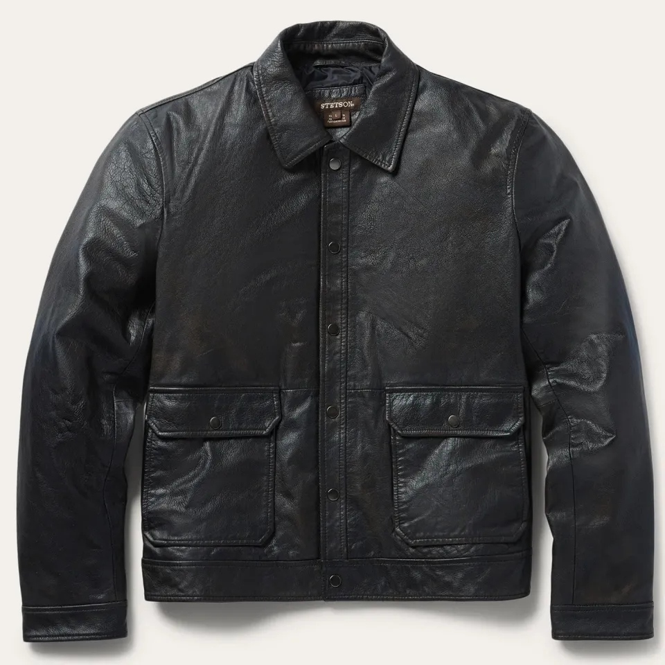 Outlet Stetson Snap Front Leather Jacket Brown