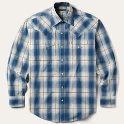 Sale Stetson Steel Ombre Plaid Western Shirt Blue