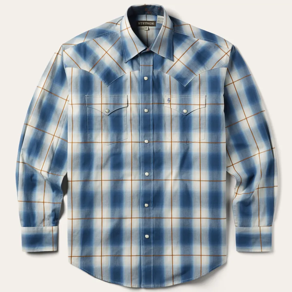 Hot Stetson Steel Ombre Plaid Western Shirt Blue