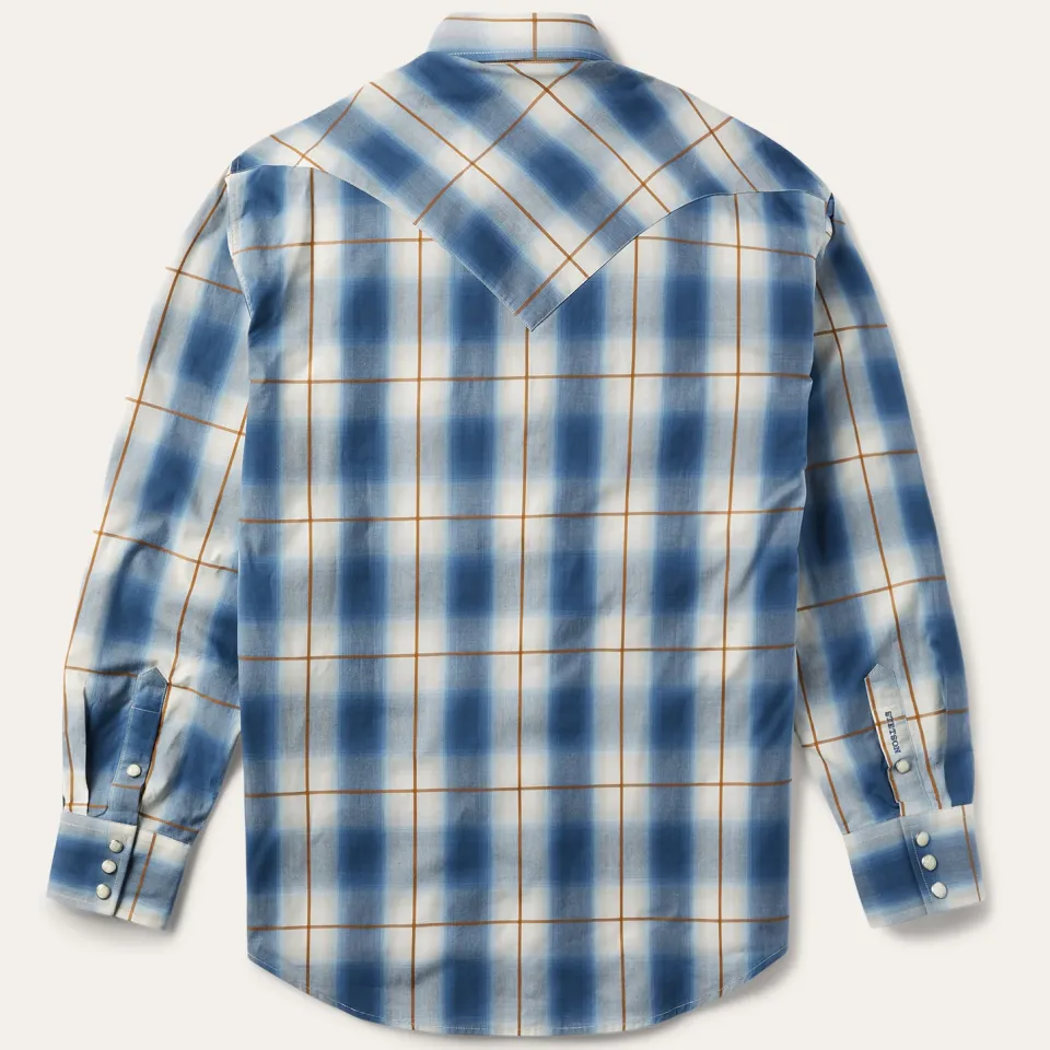 Hot Stetson Steel Ombre Plaid Western Shirt Blue