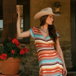 New Stetson Sunset Serape Print Rayon Herringbone Wrap Front Dress Multi