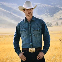 Discount Stetson Turquoise Snap Western Denim Shirt Blue