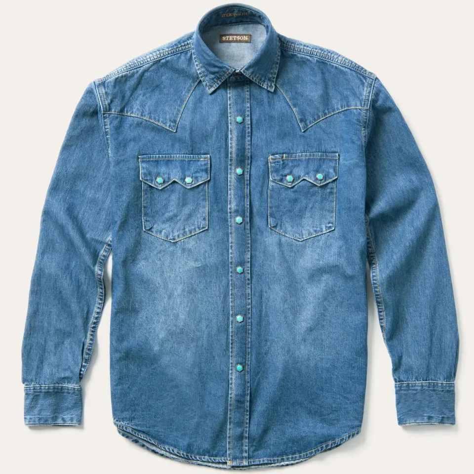 Hot Stetson Turquoise Snap Western Denim Shirt Blue